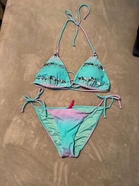 Victoria's Secret Teal Aqua Ombre Sequin Triangle Bikini